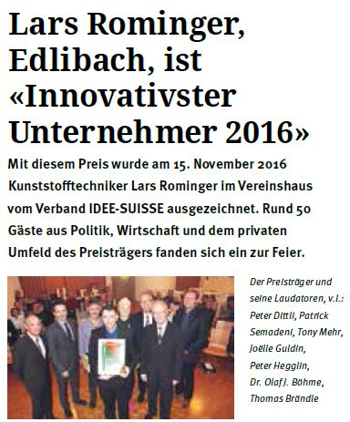 Lars Rominger, Edlibach, ist Innovativster Unternehmer 2016. Mänziger Zytig. Feb. - März 2017